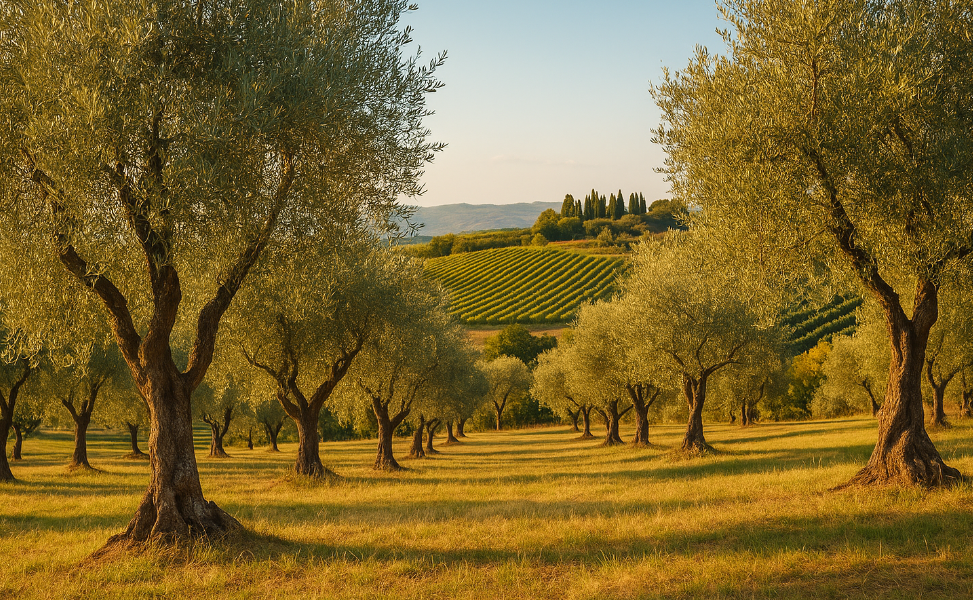이탈리아 토스카나의 전형적인 전원 풍경으로, 늦은 오후 황금빛 햇살 아래 자란 올리브나무와 사이프러스가 언덕을 따라 이어진 장면