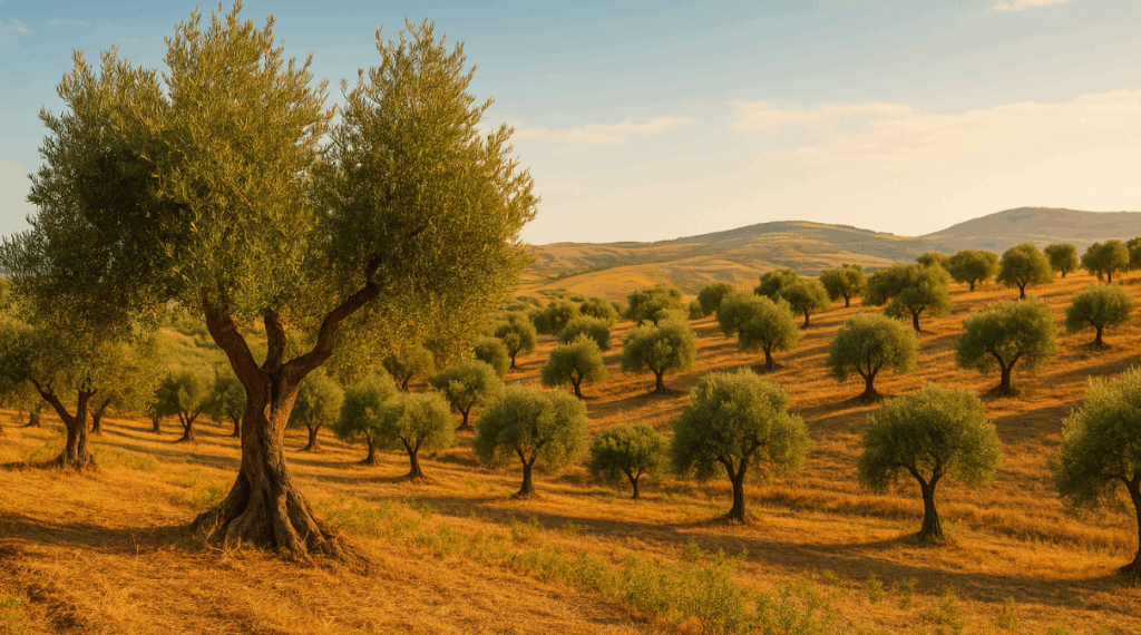 이탈리아 시칠리아의 언덕 위 올리브밭, Nocellara del Belice 품종 올리브나무가 지중해 햇살 아래 자라는 풍경