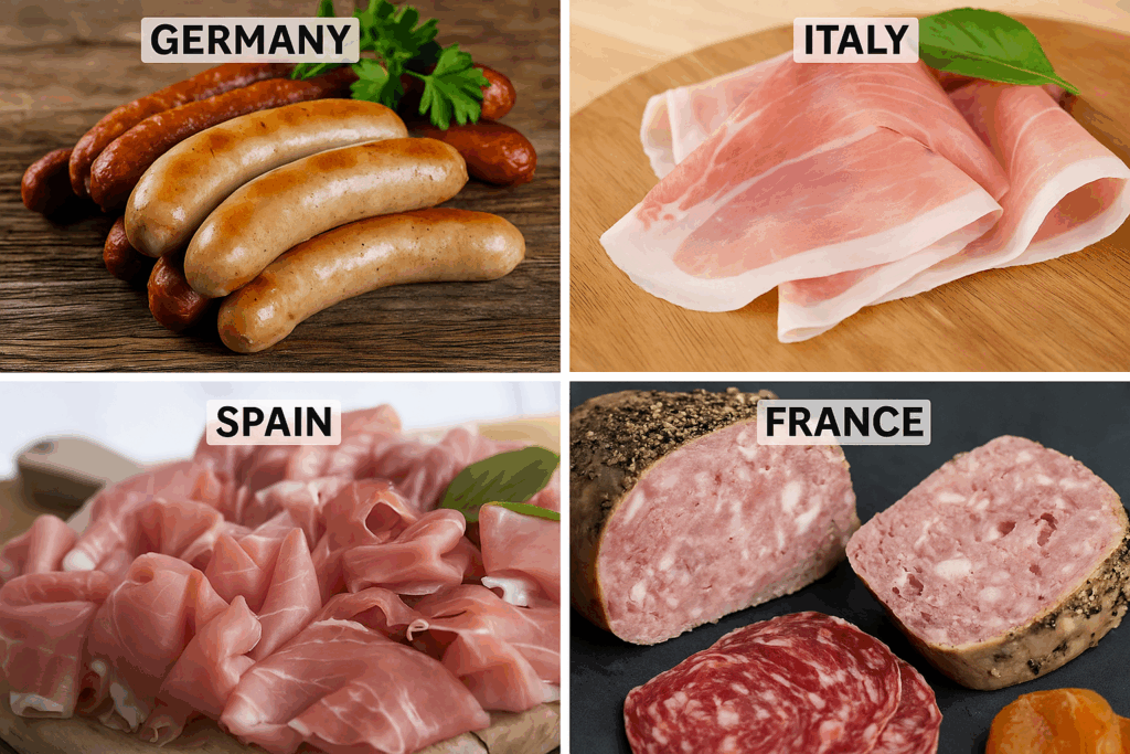유럽 4개국의 대표 가공육 비교 이미지, 독일 소시지·프랑스 소시송·이탈리아 프로슈토·스페인 하몽 이베리코가 함께 놓인 모습