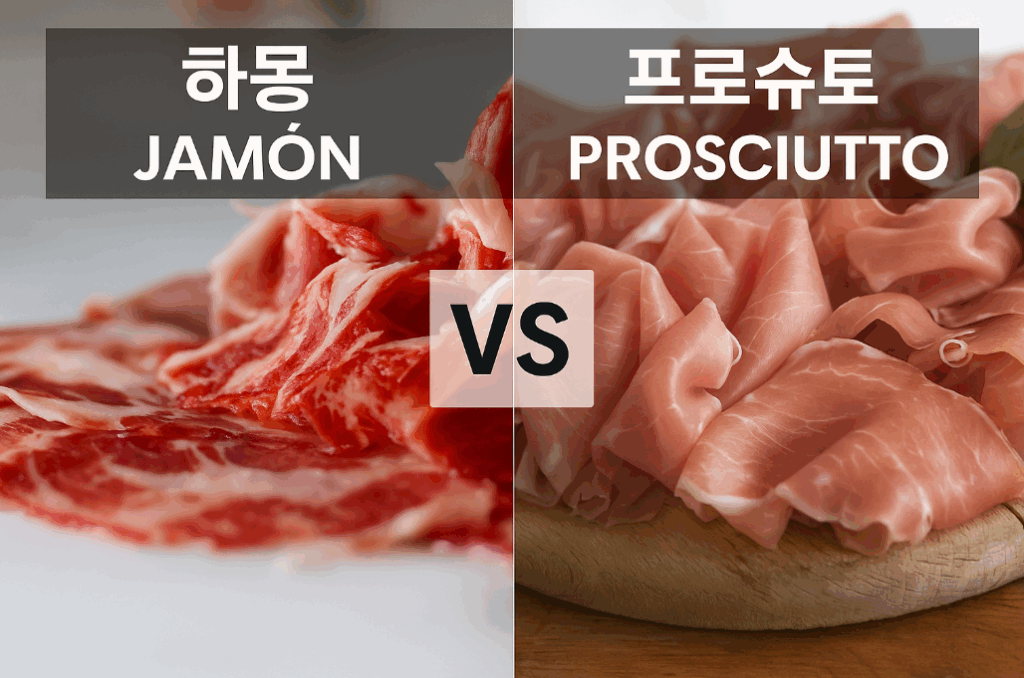 스페인 하몽과 이탈리아 프로슈토 비교 이미지, 왼쪽은 붉고 진한 하몽, 오른쪽은 연한 분홍빛의 프로슈토가 나란히 놓인 모습
