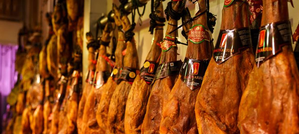 스페인 하몽 숙성실에 걸린 하몽 원다리들, 각기 다른 브랜드 라벨이 붙은 모습
