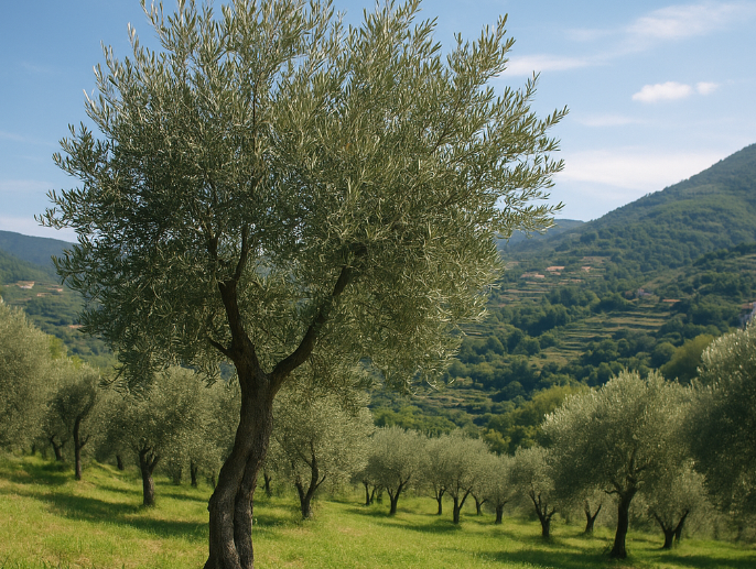 리구리아 해안 언덕의 올리브밭, 타쟈스카(Taggiasca) 품종 올리브나무